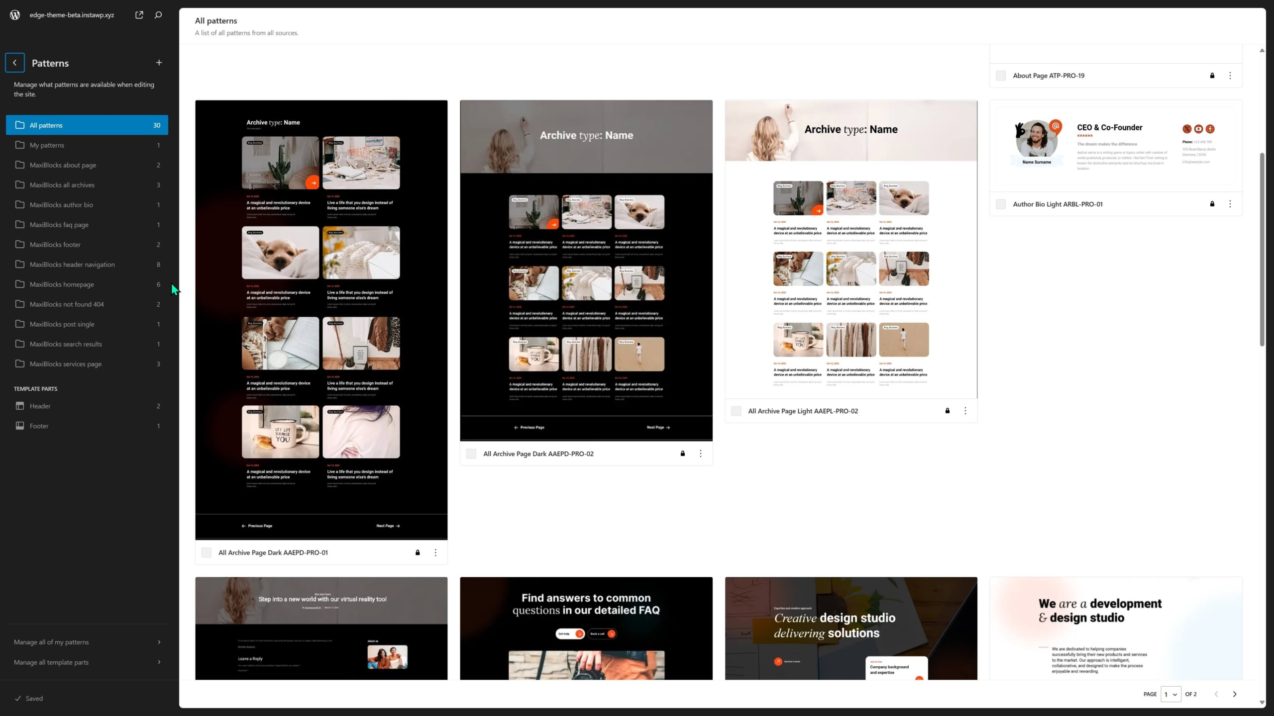 A screenshot of a web design interface titled 'MaxiBlocks Theme Beta Site Editor', displaying various website patterns in a sidebar on the left and a larger preview of selected patterns on the right, all featuring dark mode aesthetics with black backgrounds and muted colour accents.