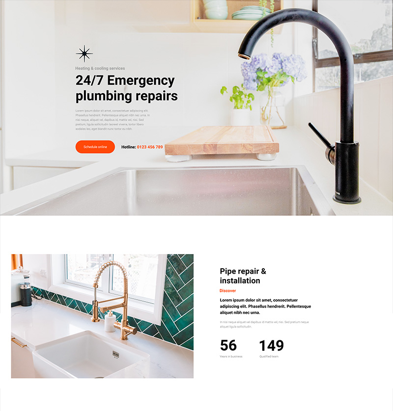 16 block patterns, 3 homepage templates, 26 water icons - Issue #27 3 Plumbing service homepage template